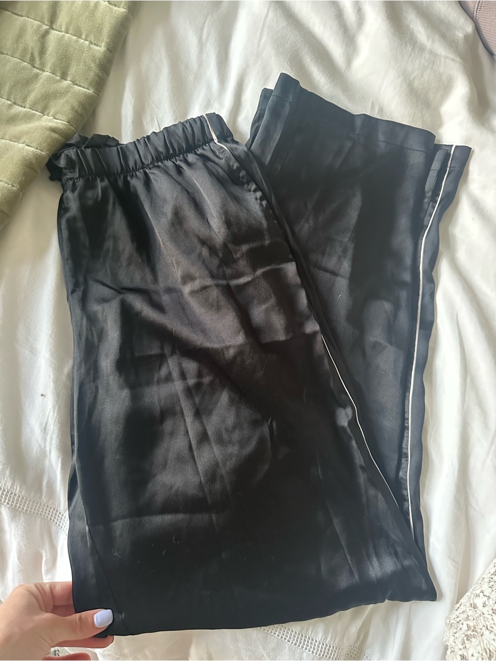 Victoria's Secret Black Satin PJ Set with White Side Stripe
